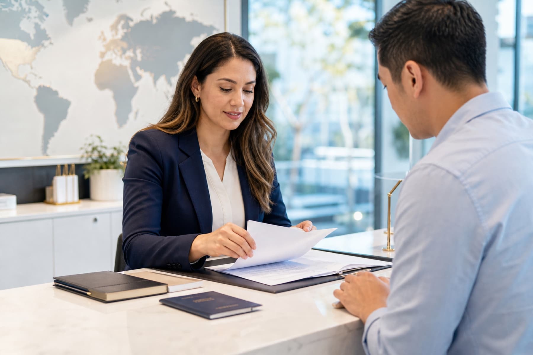 Document service professional reviewing paperwork for international apostille processing