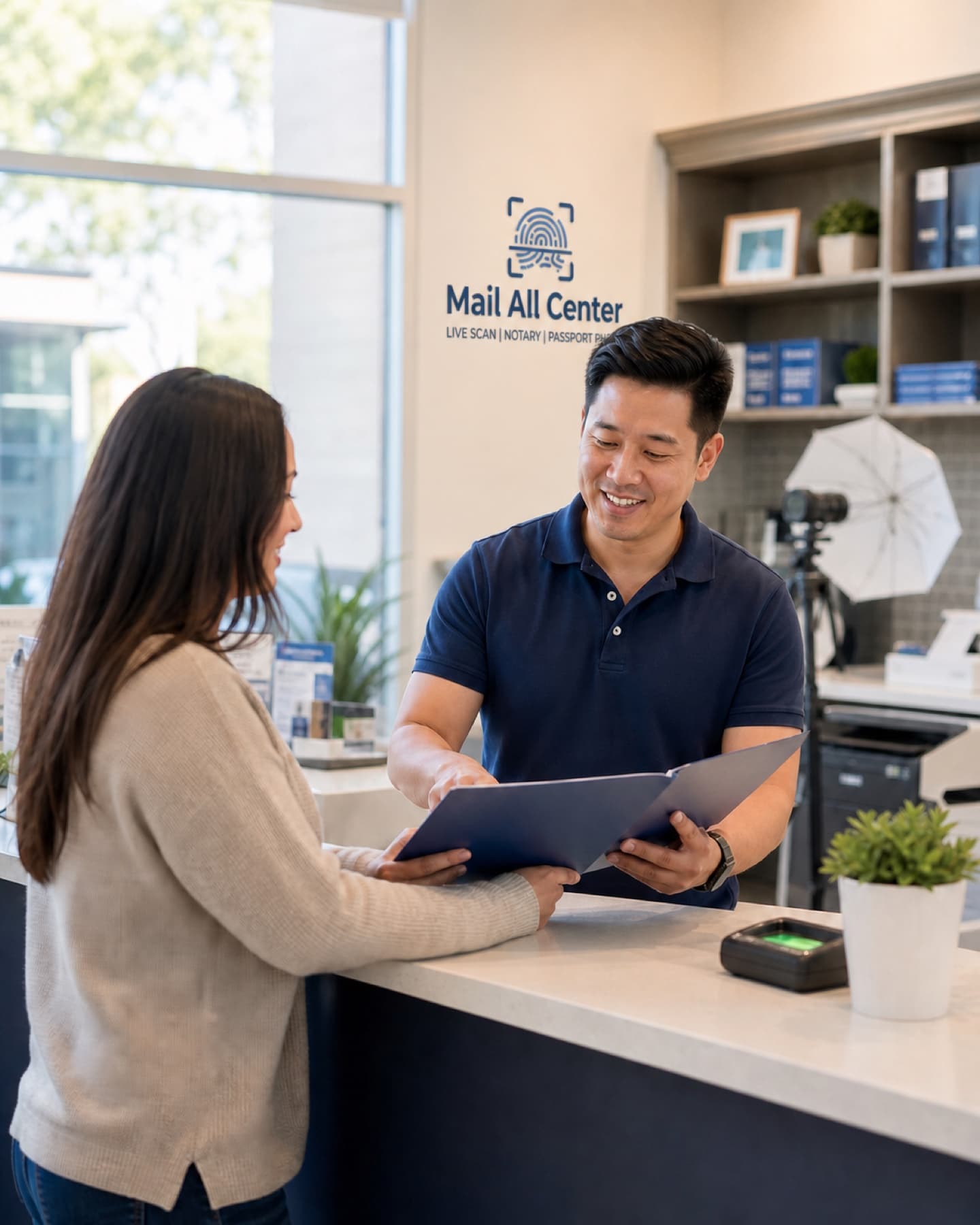 Mail All Center professional helping a customer at the service counter